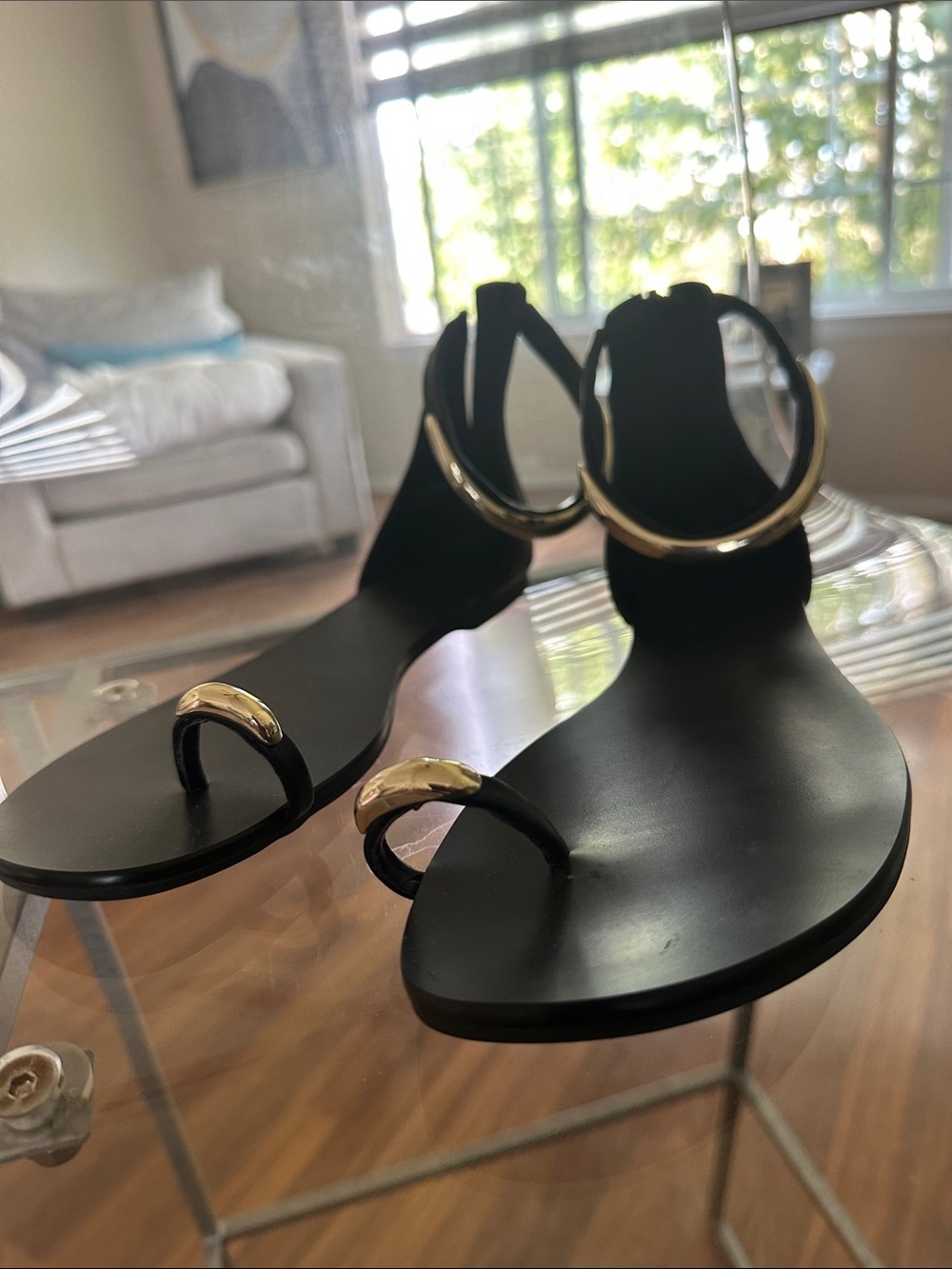 INC International Concepts Black Sandals with Gold Ring Detail